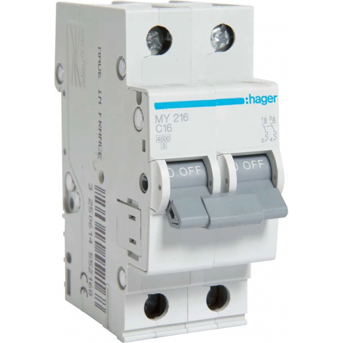Автоматический выключатель HAGER 2P 4,5kA C-16A 2M MY216
