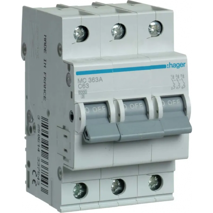 Автоматический выключатель HAGER 3P 6kA C-63A 3M MC363A
