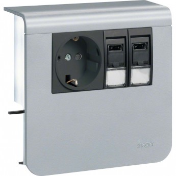 Держатель устройств HAGER SL new, с розетками Schuko (L+N+PE), 16A, 250A AC и 2хRJ45, декор "алюминий" Держатель устройств HAGER SL new, с розетками Schuko (L+N+PE), 16A, 250A AC и 2хRJ45, декор "алюминий"