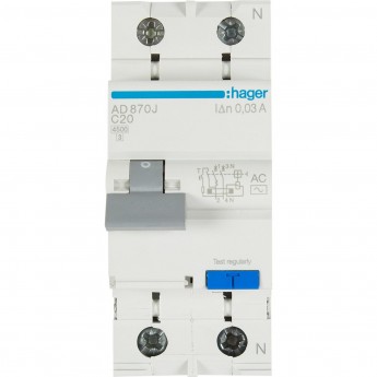Дифференциальный автомат HAGER 1P+N 4.5kA C-20A 30mA AC Дифференциальный автомат HAGER 1P+N 4.5kA C-20A 30mA AC