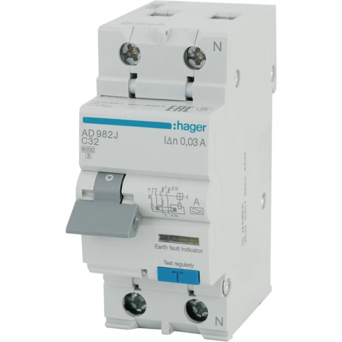 Дифференциальный автомат HAGER 1P+N 6kA С-32A I∆n=30мА, Тип А, винтовые клеммы, ширина 2М AD982J