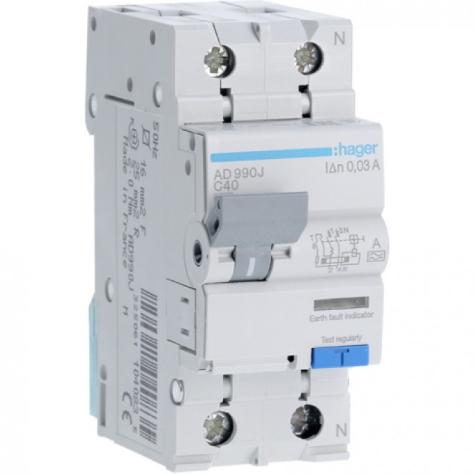Дифференциальный автомат HAGER 1P+N 6kA С-40A I∆n=30мА, Тип А, винтовые клеммы, ширина 2М AD990J