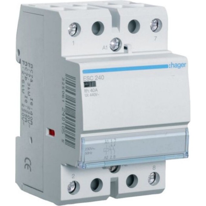 Контактор модульный HAGER, 2н.о., AC1/AC7a 40A, Uупр.=230В 50Гц, ширина 3М ESC240