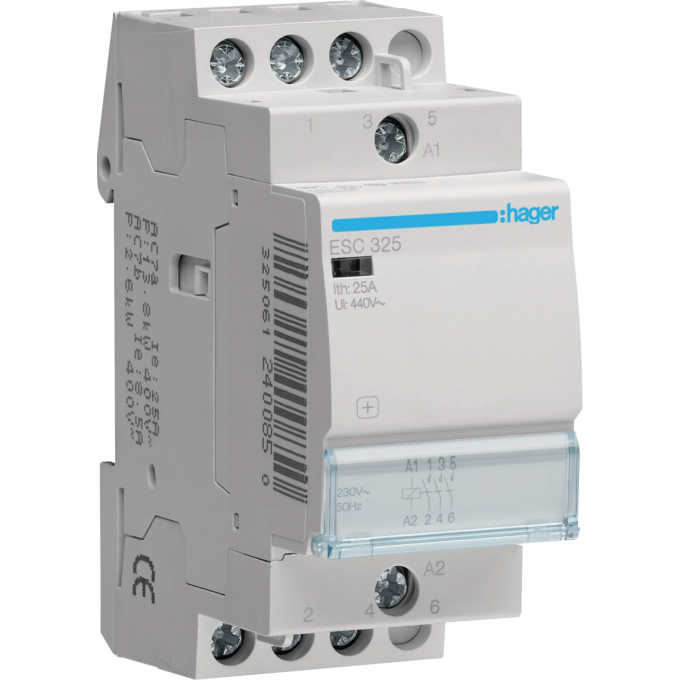 Контактор модульный HAGER, 3н.о., AC1/AC7a 25A, Uупр.=230В 50/60Гц, ширина 2М ESC325