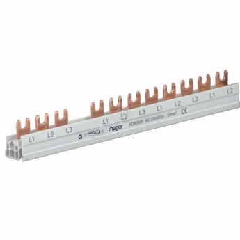 Вильчатая шинка HAGER, (L1+L2+L3+18мм)+8Lx, 10 кв.мм, 12M, для одного УЗО и 8 однополюсных автоматов, трёхфазная, медная, изолированная