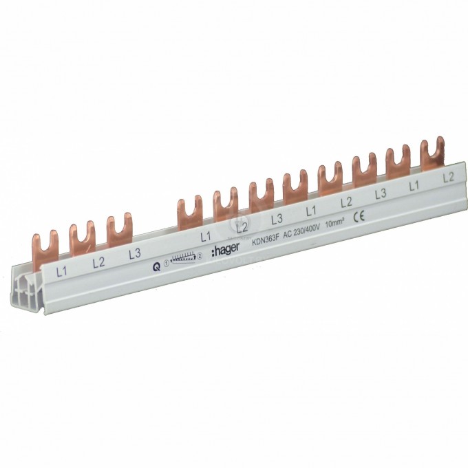 Вильчатая шинка HAGER, (L1+L2+L3+18мм)+8Lx, 10 кв.мм, 12M, для одного УЗО и 8 однополюсных автоматов, трёхфазная, медная, изолированная KDN363F